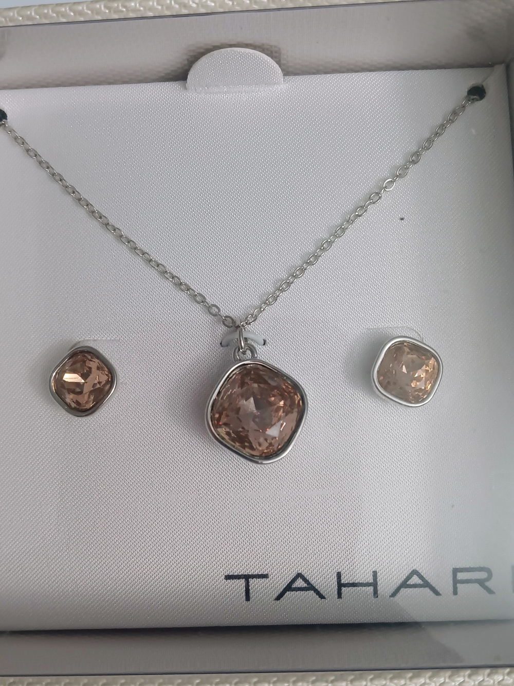 Tahari Rose-Gold Cushion Crystal Pendant Necklace with Stud Earrings